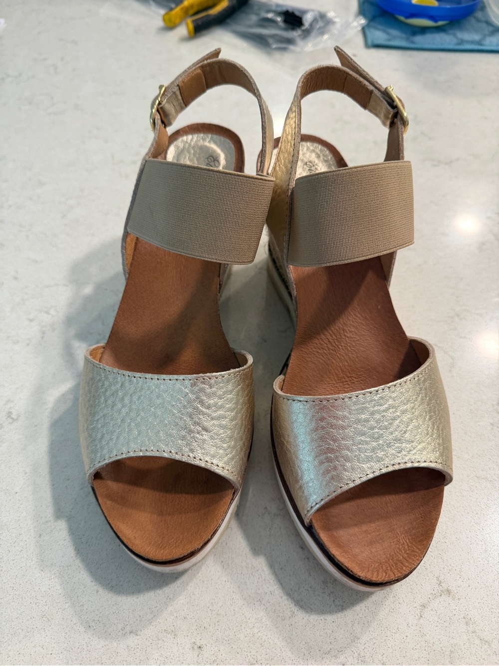 Metallic Gold Wedge Sandals with Elastic Ankle Strap